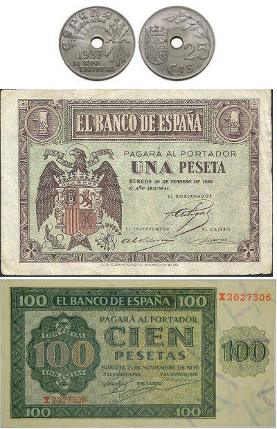 Monedas y billetes emitidos durante la guerra civil de 1936, por el ejército sublevado