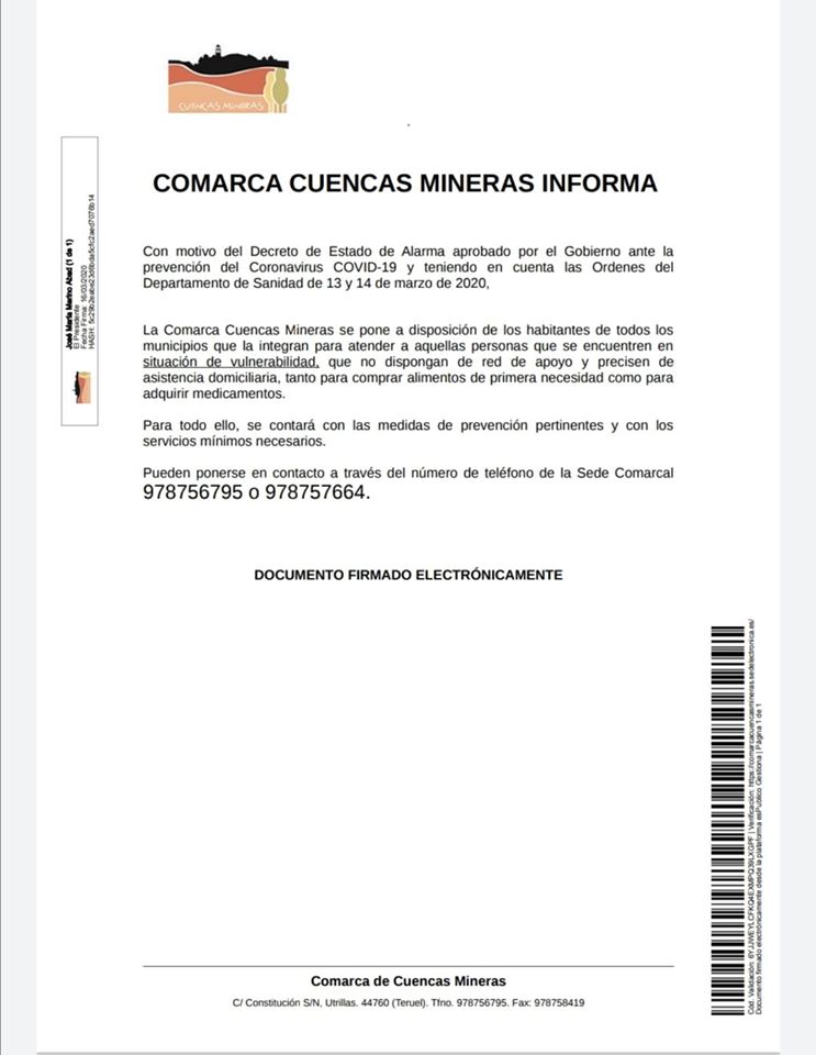 Comunicado de la Comarca de Cuencas Mineras (Teruel).