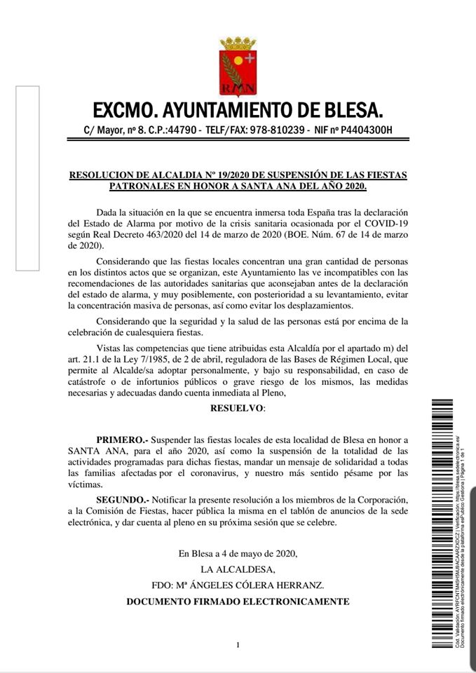 suspendidas las fiestas de Blesa por la covid-19