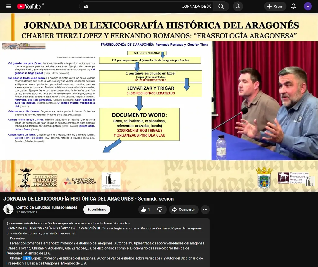 9 de mayo de 2026. Jornada de LEXICOGRAFIA HISTÓRICA DEL ARAGONÉS. Intervención de Chabier Tierz López y Fernando Romanos Hernández