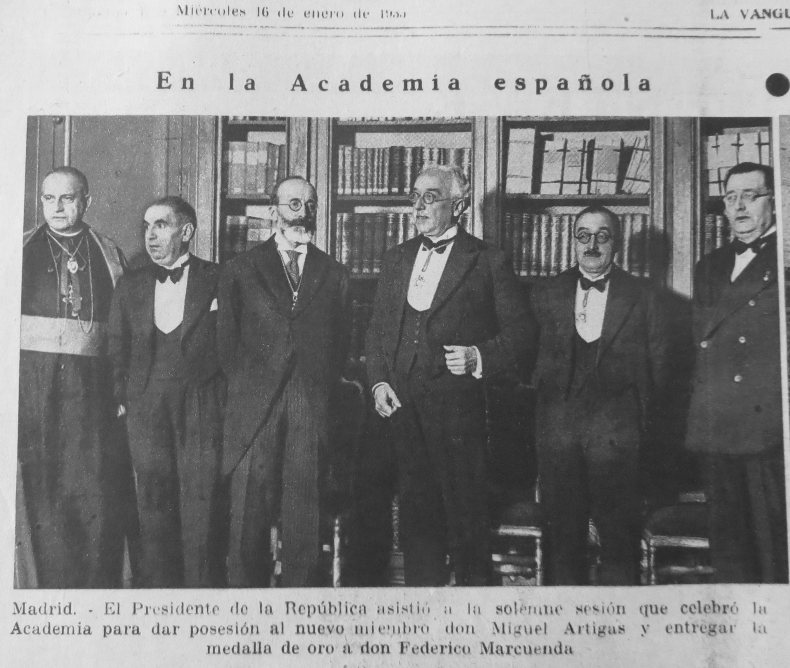 Enero de 1935. El presidente de la II República, Niceto Alcalá Zamora, en la sesión en que celebró el ingreso de Miguel Artigas en la RAE.