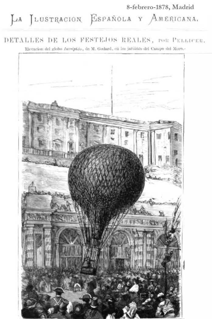 Ascensión del globo de Godard en el Campo del Moro de Madrid. Festejos por las bodas reales de Alfonso XII