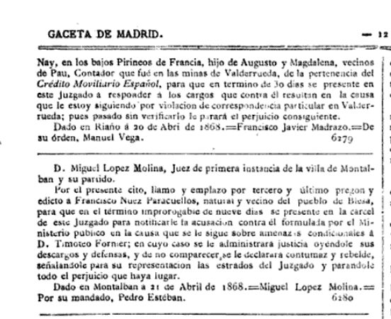texto del juzgado de Montalbán (Teruel) en 1868 declarando en rebeldía a un fugado