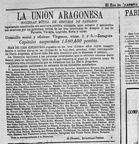 La Unión Aragonesa. Sociedad Mutua de Seguros de Ganados 1896