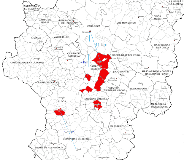 Mapa de Aragón, donde constan los términos municipales que publicaron que la floración del azafrán fue breve