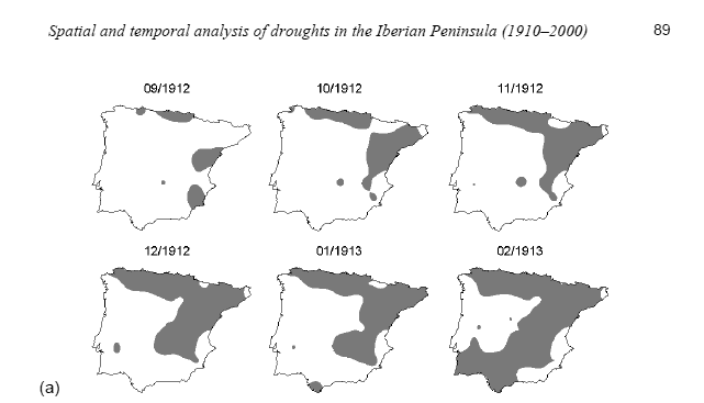 Sequía del invierno siguiente de 1912-1913. Extraído de 'Spatial and temporal analysis of droughts in the Iberian Peninsula (1910-2000)', de Sergio M. Vicente-Serrano.