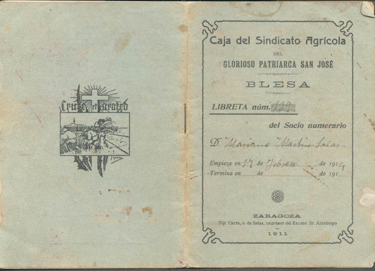 Libreta de ahorro del Sindicato Agrícola San Jose (Blesa),