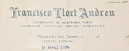 Cabecera de la correspondencia de un comerciante de azafranes en 1924, Francisco Llort Andreu (Monreal del Campo, Teruel)