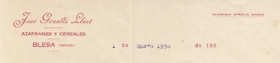 Cabecera de la correspondencia de un comerciante de azafranes en 1930, José Graells Llort (Blesa, Teruel)