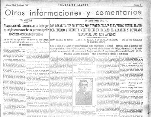 Titulares de un terrible asesinato político en el cercano Letux, del alcalde y diputado provincial José Arnal en agosto de 1932.