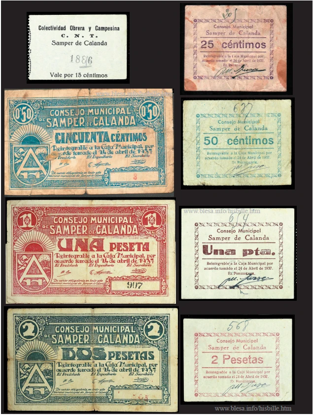 Samper de Calanda (Teruel) Billetes de las dos series de 1937