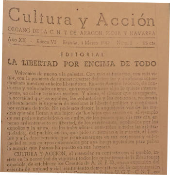 Cultura y Acción, boletín anarquista de Aragón, Rioja y Navarra, del 1 de marzo de 1947 época VI núm. 2(AMBarcelona)