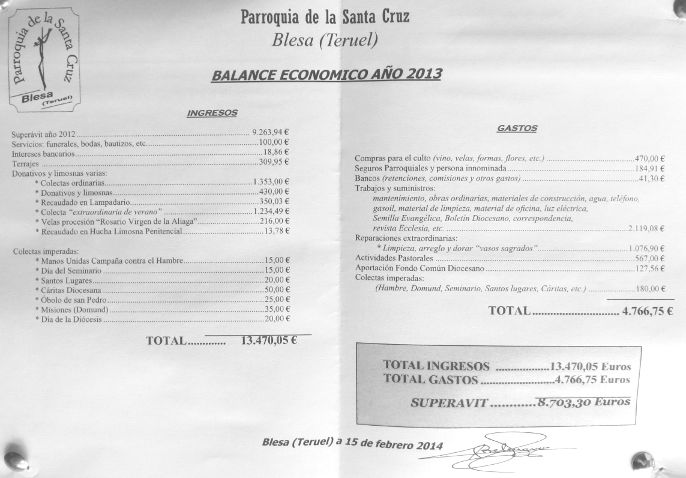 Balance de cuentas 2013 de la parroquia