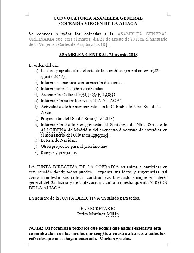 Carta de convocatoria asamblea cofradía