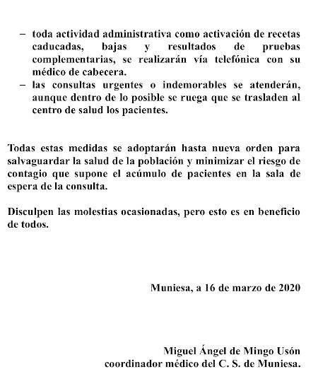 Comunicado Médico Muniesa marzo 2020.