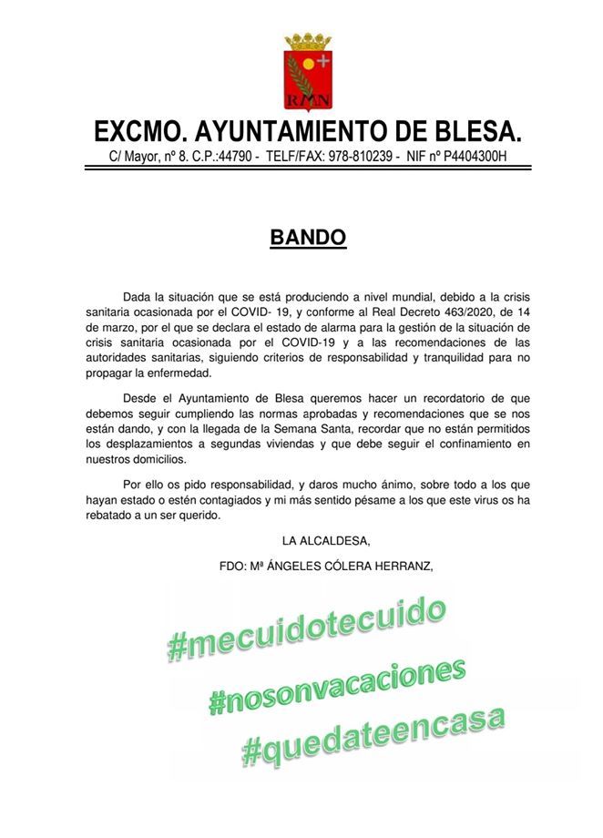 Bando del Ayuntamiento de Blesa (Teruel) del 6/4/2020 sobre el covid-19