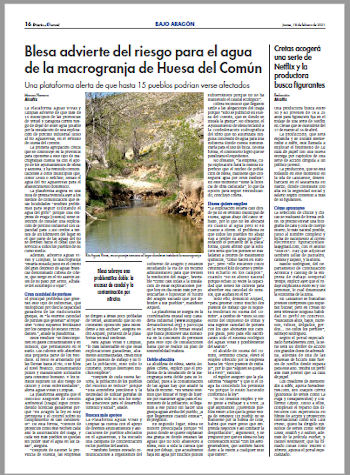 Diario de Teruel 18 de febrero de 2021. Purines en ríos de poco caudal.