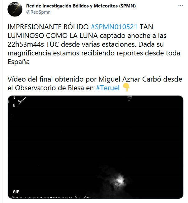 fotograma del vídeo del bolido espacial del 2 de mayo de 2021, tomado en Blesa (Aragón)