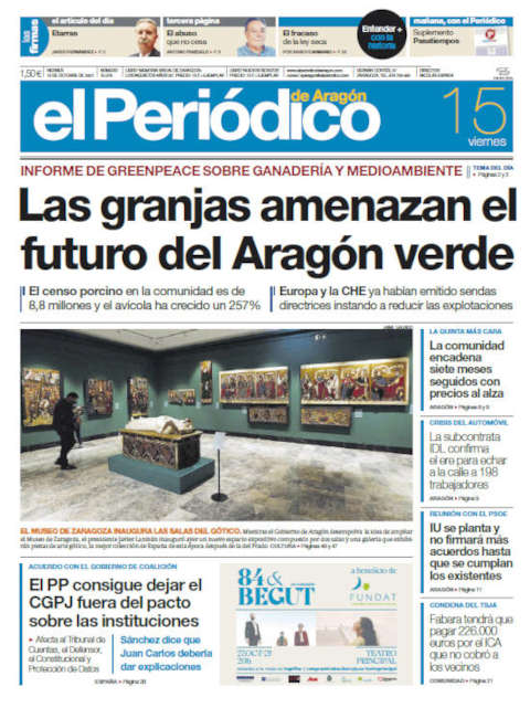 Portada del Periódico de Aragón del pasado día 15 con el informe de Greenpeace.