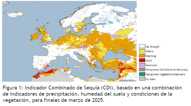 Mapa de Europa con los avisos de sequía de abril 2025, donde se ve que predominan en el norte. Centro Común de Investigación (JRC)