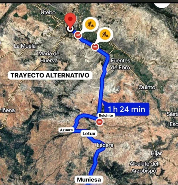 Riada del 13 de junio de 2025. Corte de los puentes sobre el río Aguasvivas en Belchite y Azuara obligan a hacer este trayecto para llegar a la comarca de Cuencas Mineras y otros del sur de la comarca de Campo de Belchite.