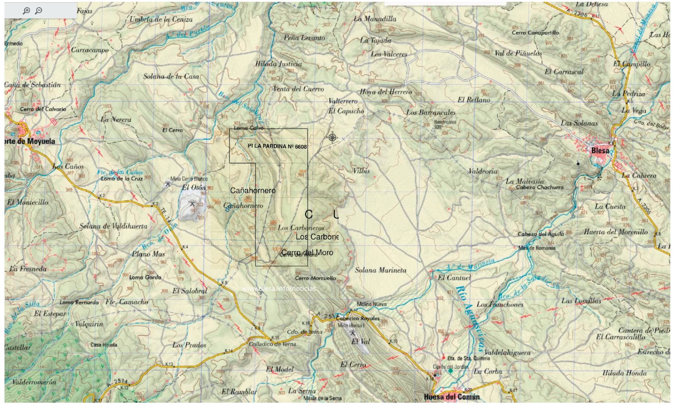 Cuadrículas mineras asignadas entre Monforte de Moyuela, Blesa y Huesa, en la Pardina, sobrepuestas en el plano entre Monforte y Blesa.