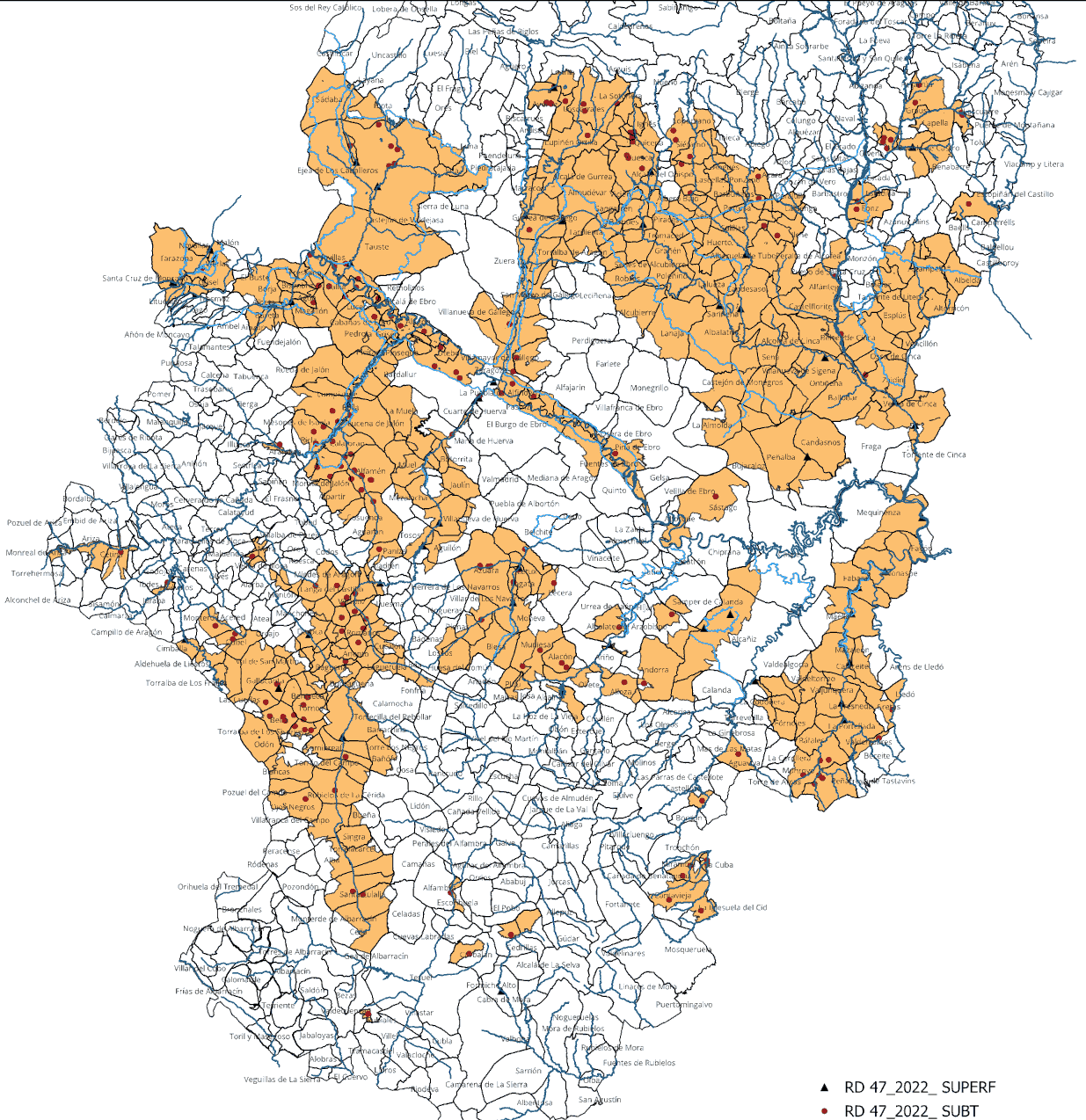 Mapa de Aragón y las áreas vulnerables a contaminación por nitratos.