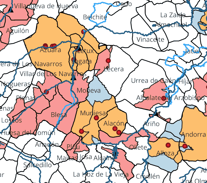 Mapa de Aragón y las áreas vulnerables a contaminación por nitratos.