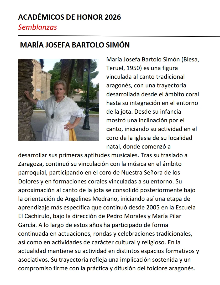 María Josefa Bartolo, jotera, academia de folclore y la jota de Aragón