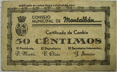Montalbán (Teruel, España) Billete local durante la guerra civil de 1936