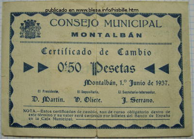 Montalbán (Teruel) Moneda divisionaria durante la guerra civil de 1936