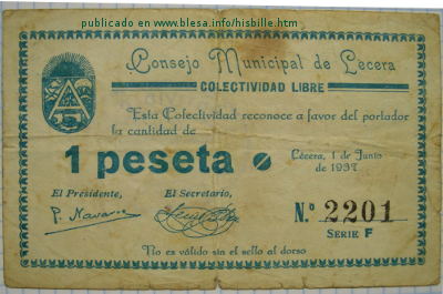 Lécera. Billete local durante la guerra civil de 1936