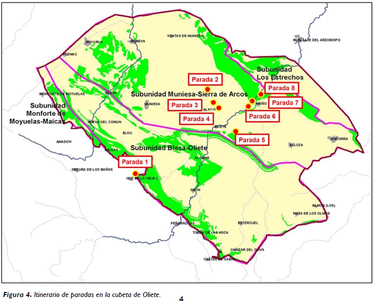 Hidrogeología de la Cubeta de Oliete (cuenca del Ebro, ríos Aguasvivas y Martín). Subunidades de la cubeta por los afloramientos que encauzan las aguas subterráneas en el acuífero.