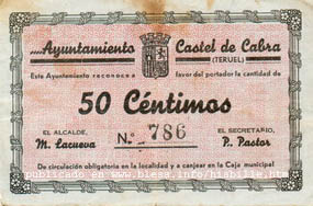 Castel de Cabra (Teruel) Moneda divisionaria durante la guerra civil de 1936