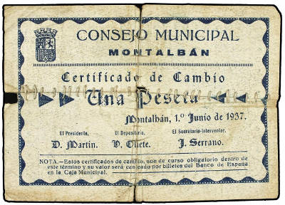 Montalbán (Teruel) moneda local, variante de 1 peseta. Guerra Civil Española