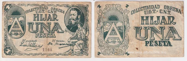 Híjar (Teruel) Billete de 1 peseta durante la guerra civil de 1936
