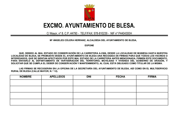 texto Ayto Blesa por el arreglo de la carretera.