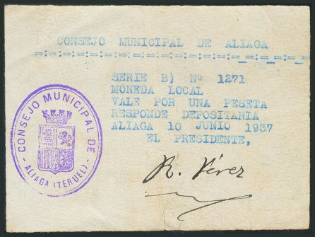 Aliaga. Moneda mecanografiada durante la guerra civil. junio 1937