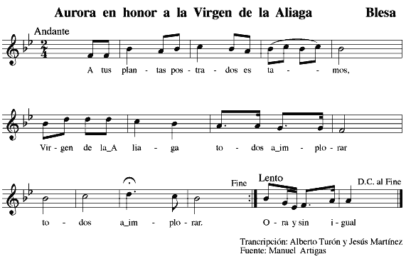 Aurora en honor a la virgen de la Aliaga (partitura musical)