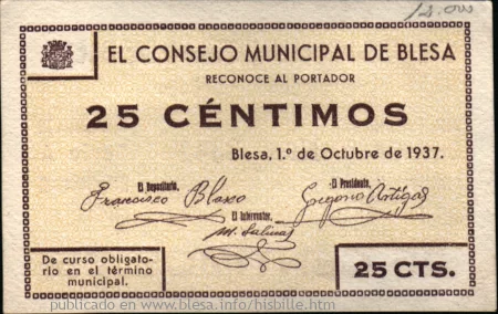 Anverso del billete local de 25 céntimos de Blesa (Teruel)