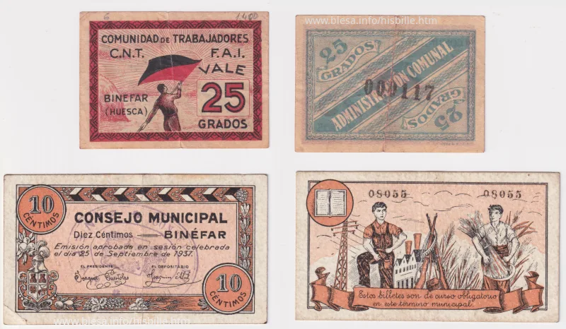 Binéfar (Huesca) Billetes de moneda divisionaria, durante la guerra civil de 1936, etapa anarquista, frente a concejo municipal.