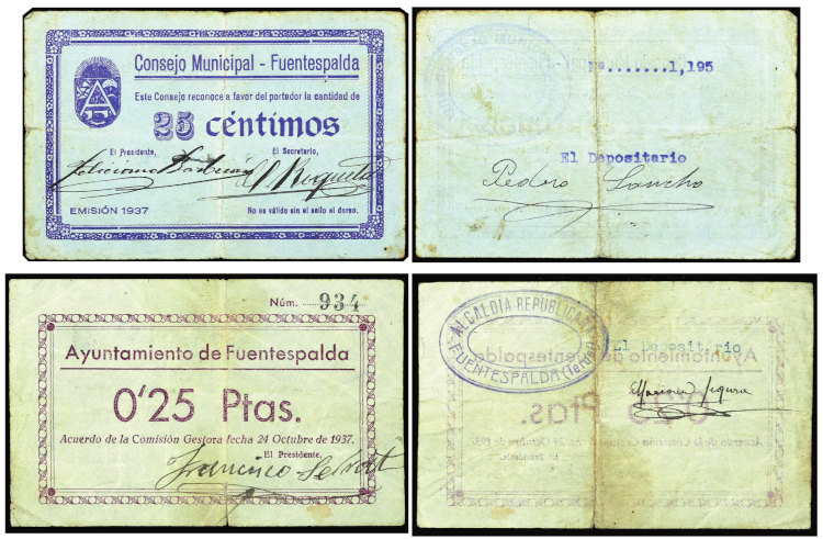 Fuentespalda (Aragón), 1937. Billetes locales, anteriores y posteriores al derribo del Consejo de Aragón