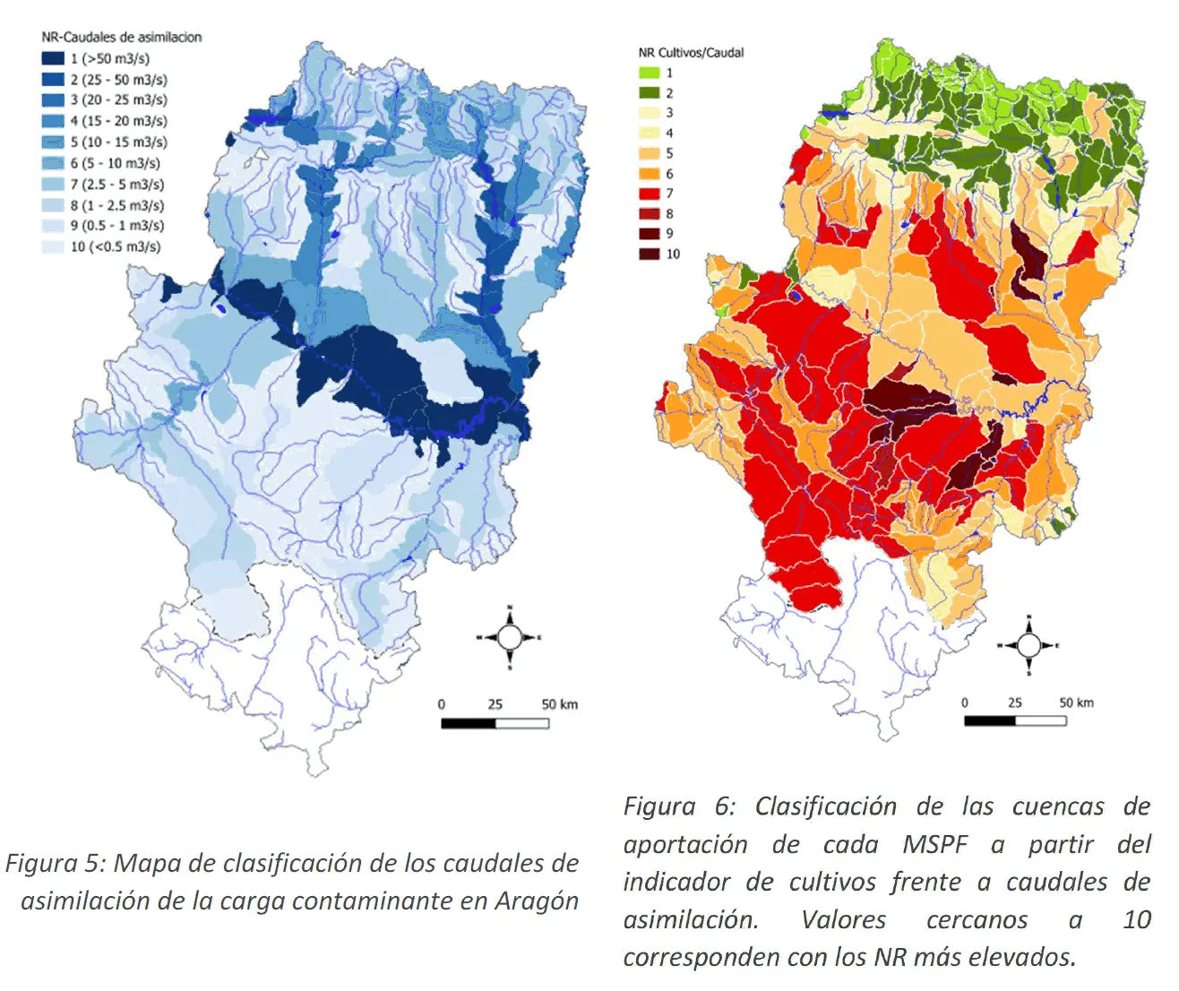 Mapa de Aragón y los caudales para asimilar contaminación contra las intensidades de nitrificación en relación a ellos.