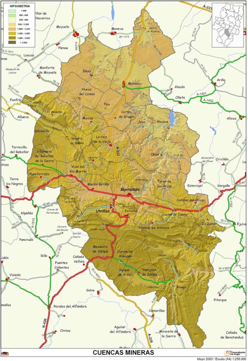 Mapa de la comarca aragonesa Cuencas Mineras.