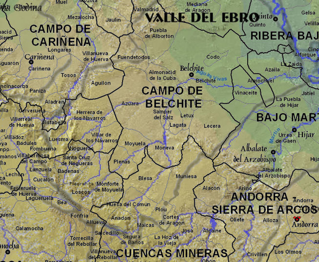 Mapa del área de Aragón con la cuenca del Aguasvivas y la cabecera del Huerva