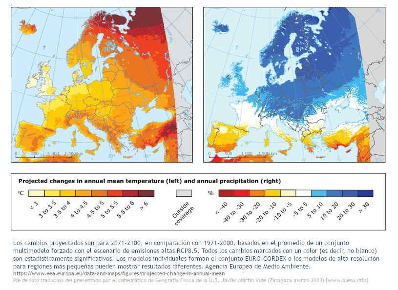 European Environment Agency (EEA). Projected changes in annual mean temperature (left) and annual precipitation (right)  2071-2100, compared to 1971-2000