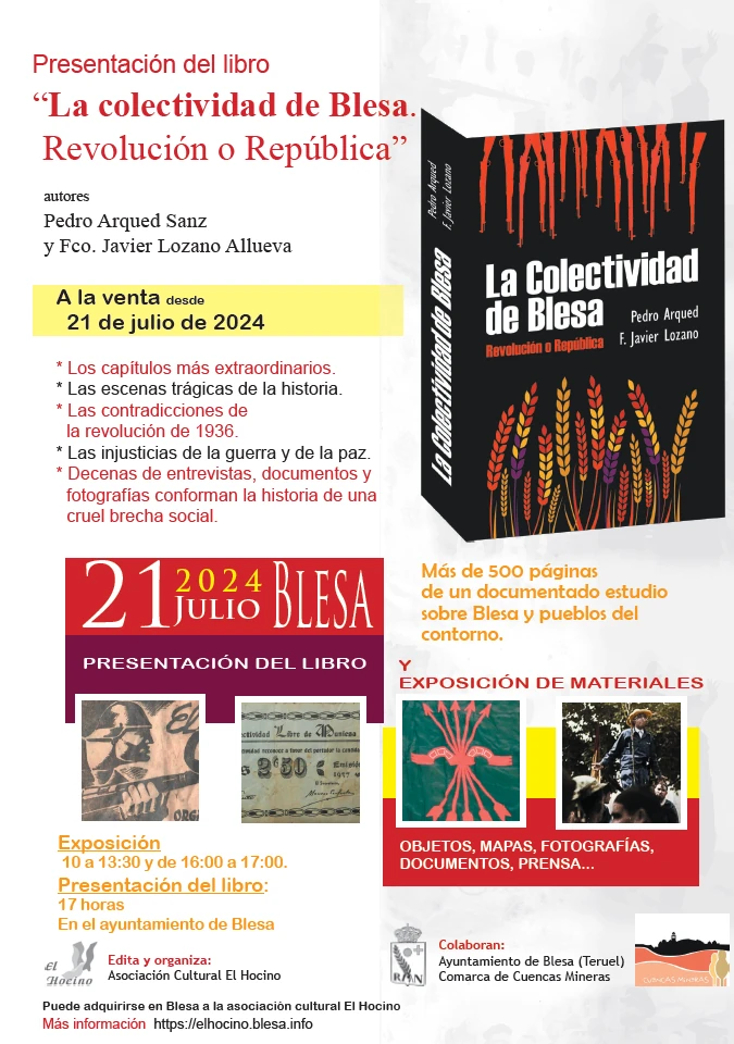 Nuevo libro de la asociación cultural El Hocino. La guerra civil por dentro, en la retaguardia republicana: 'La colectividad de Blesa. Revolución o república.'.