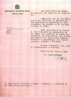 Cese como Director de la B.N.E. en 1937