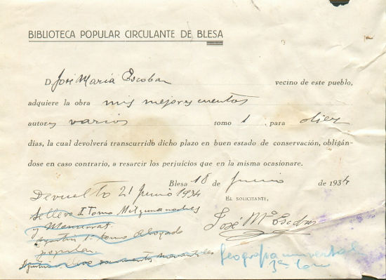 Impreso de préstamos de la biblioteca popular circulante en Blesa (Teruel). Archivo Municipal