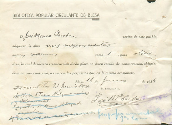 Impreso de préstamos de la biblioteca popular circulante en Blesa (Teruel). Archivo Municipal